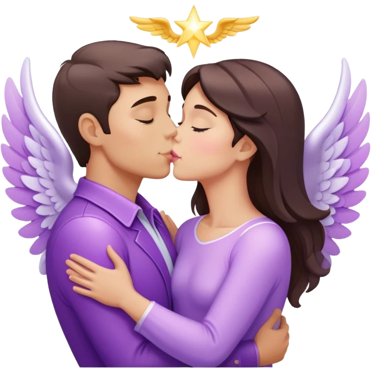 White brunette human man with rays of light Heart kisses a pastel purple angel woman emoji