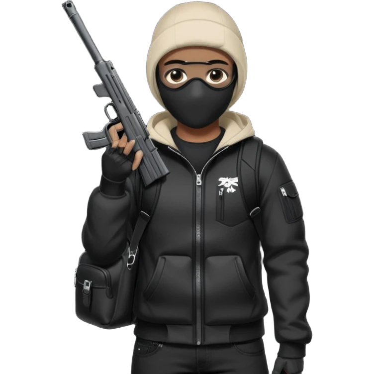 YN wearing a ski mask, holding a gun, all black fit, black jeans, Sprayground bookbag, confident stance emoji
