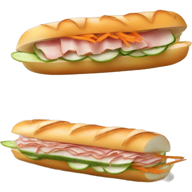 READ: airy, crispy French-styled baguette. PROTEIN: Vietnamese ham, steamed pork roll or other meats. VEGETABLES: sliced cucumber, pickled carrot coriander & daikon. banh mi emoji