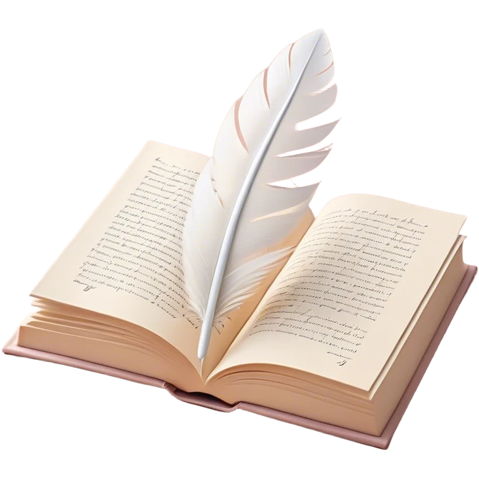 Create a delicate and poetic emoji representing poetry. The design should feature several elegantly flying pages with short poetic columns written on them. The pages should appear light and flowing, almost as if being carried by the wind. Include a white feather gently resting on the pages, symbolizing creativity and inspiration. Use soft, pastel tones to give it a dreamy, artistic feel. The design should feel ethereal and whimsical, capturing the essence of poetry. Make the background transparent. emoji