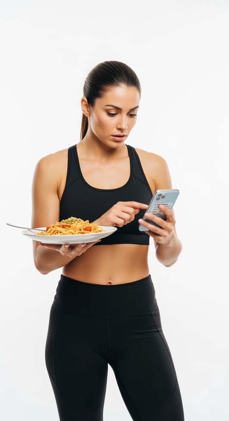 donna fitness che calcola ossessivamente le calorie di quello che sta mangiando: in mano ha un piatto di pasta e nell'altra mano ha lo smartphone per segnare tutti gli alimenti, sfondo bianco emoji
