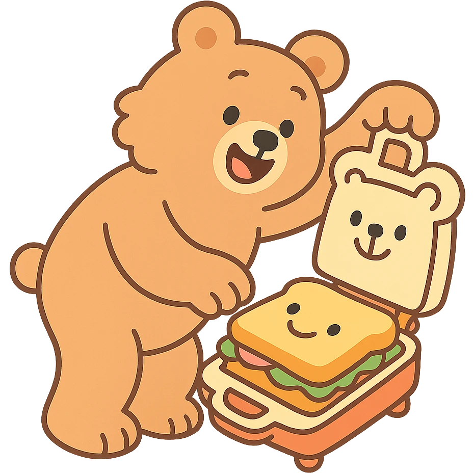 soft fluffy bear sandwich maker opening with a cute sandwich inside, soft pastel creamy brown, full-body emoji