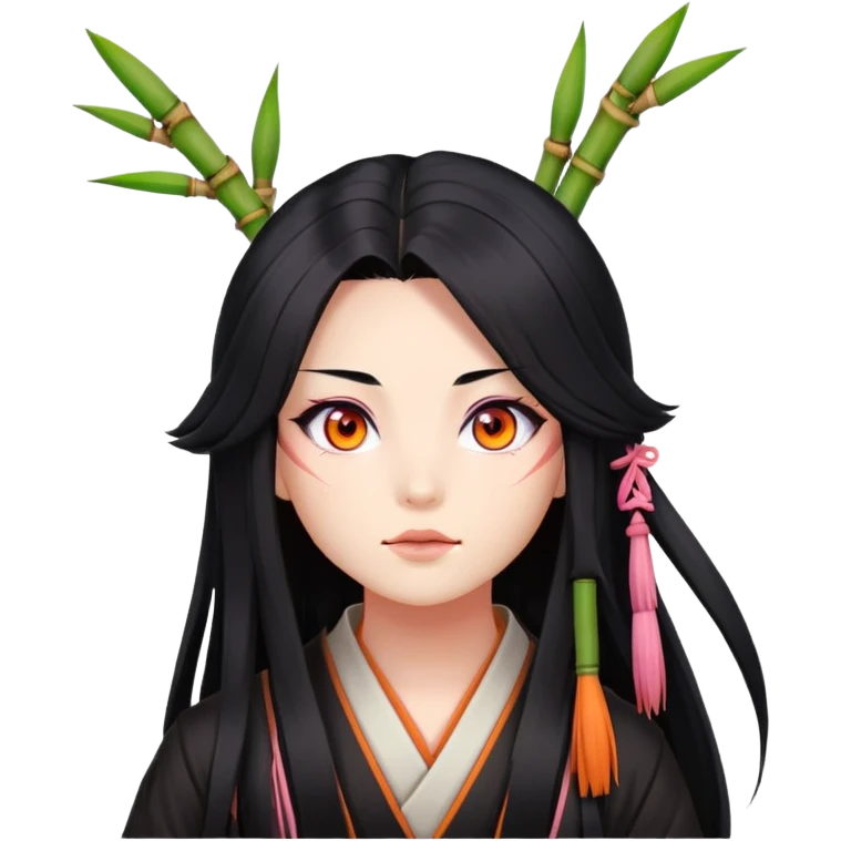 Nezuko with long black hair with orange tips, pink eyes, bamboo muzzle in mouth emoji