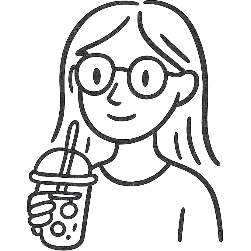 blonde woman with gold glasses holding an iced coffee, hand-drawn style emoji