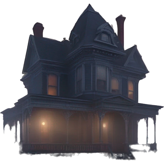 Fantastic Wide view, A very roomy ramshackle Victorian Addams mansion looms through light fog at dusk  emoji