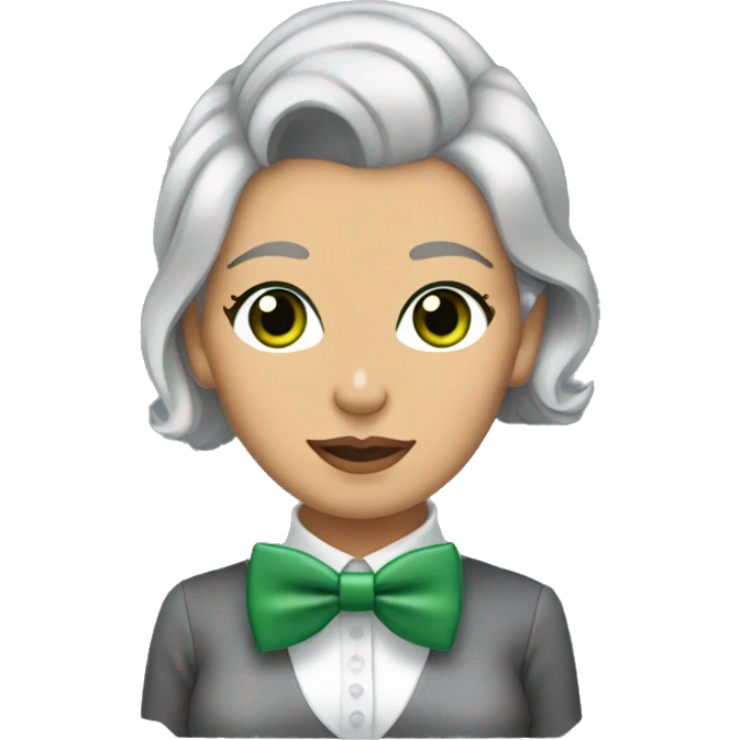 Woman with short slicked back grey hair and green eyes holding a blonde yorkie dog with a bow tie   emoji