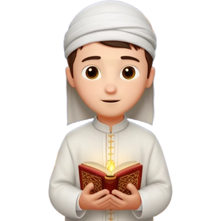 Personnage 3D mignon en style Pixar, un petit garçon portant un qamis blanc et un kufi, tenant un tapis de prière, entouré de lanternes brillantes, fond doux, couleurs chaudes, emoji