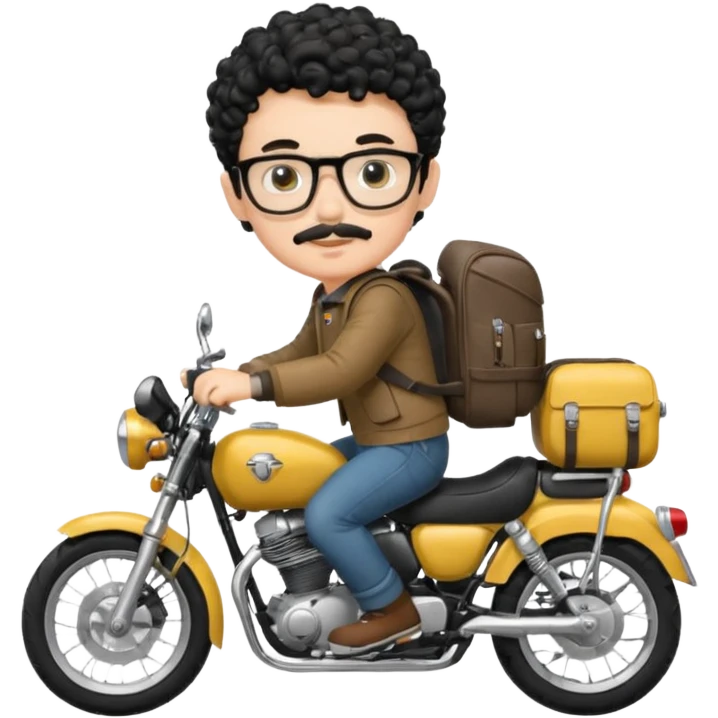 A young boy DEVELOPER WITH A backpack, black curly short hair, wearing glasses, a thin mustache, his skin is white, riding a motorcycle emoji
