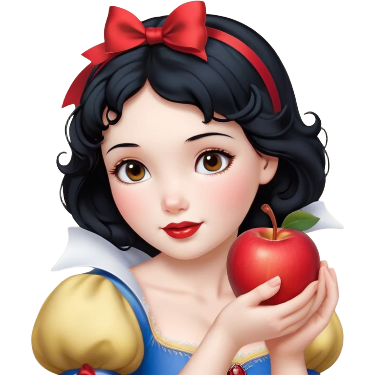 Cinematic Realistic Snow White Portrait, depicted with lifelike skin texture, soft natural lighting, and intricately detailed black hair styled with a red ribbon. Her soft brown eyes radiate innocence and kindness, complemented by a warm, gentle smile. She holds an apple in one hand, her other hand resting against her cheek, embodying her purity and charm. She is dressed in her classic yellow, blue, and red gown, the fabric rich in texture with delicate folds that catch the light beautifully. The portrait features a soft, natural glow with a radiant finish, capturing the essence of timeless beauty in a realistic and painterly style. emoji