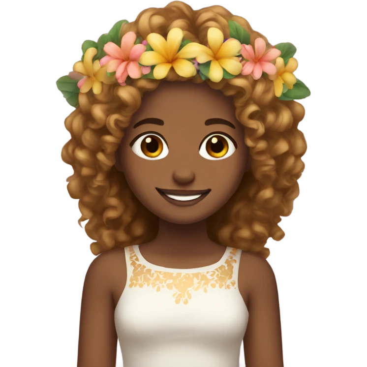 smiling girl with flower crown, Her hair is long, curly, golden brown emoji