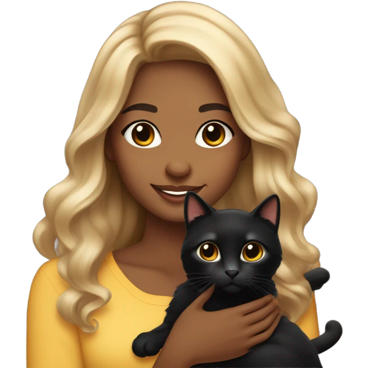 
"Young woman with medium brown skin tone, long wavy hair, big sparkling eyes, a radiant smile, wearing a stylish outfit, holding a cute black cat, and looking very beautiful and adorable." emoji