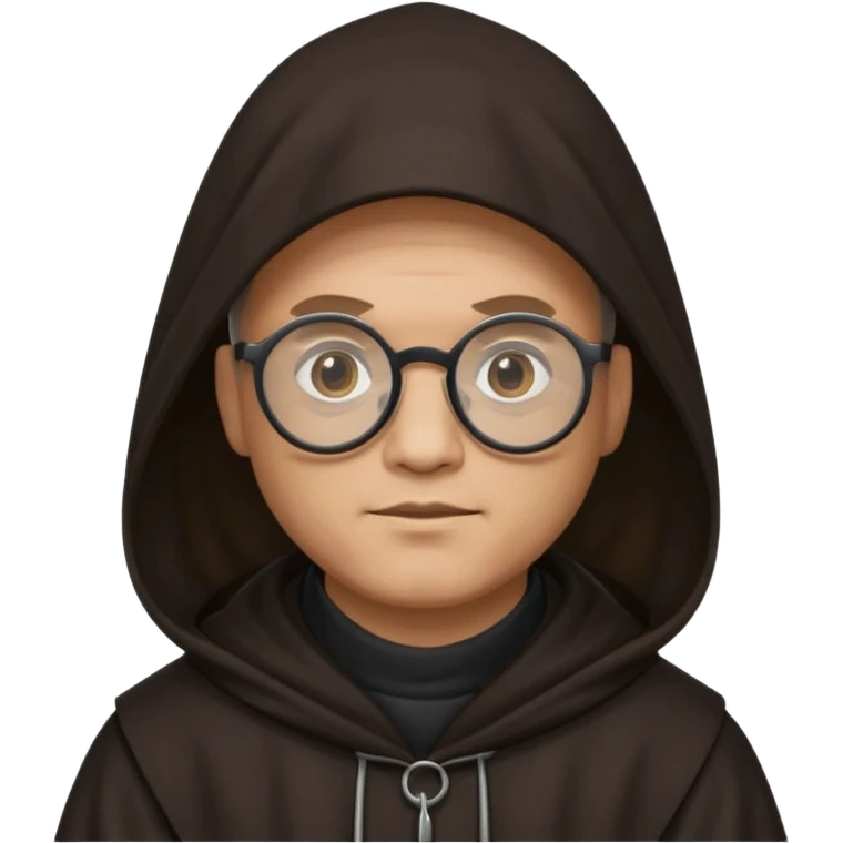 Monk priest prayer black habit with hood round black glasses done light brown wavy hair under hood  emoji