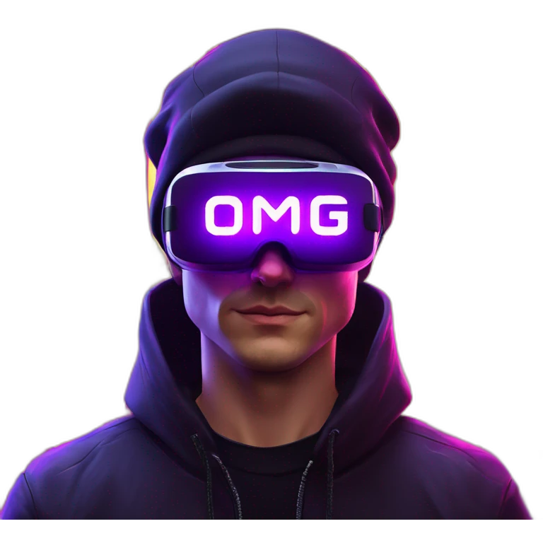 Russian man wearing a black hoodie with "OMG" letters on it and VR headset in a cyberpunk VR environment with violet neon lighting. emoji