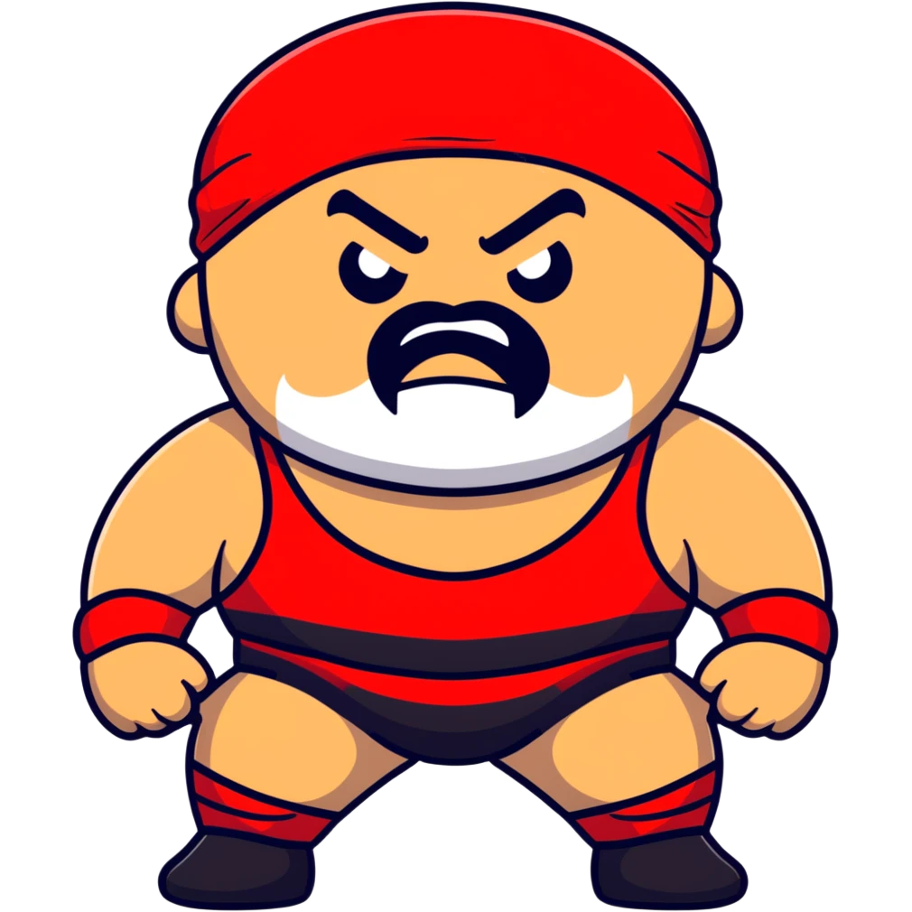 White skin fat guy with prominent black durag, shaved beard stubble, black eyes in a red and black wrestling singlet with angry face emoji