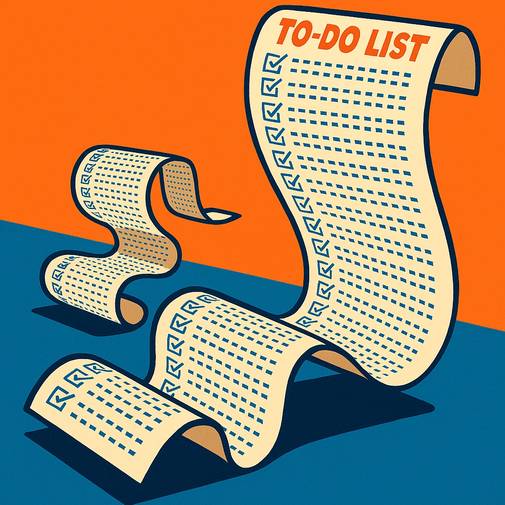 a to-do list paper that is extremely long, curling up and down like a snake, filled with many tiny checkboxes, fading into the distance to look never-ending emoji