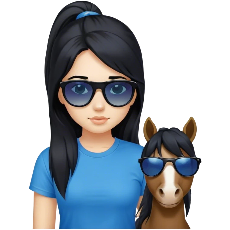 A girl with black long hair with pony, wearing black sunglasses and a blue t-shirt. emoji