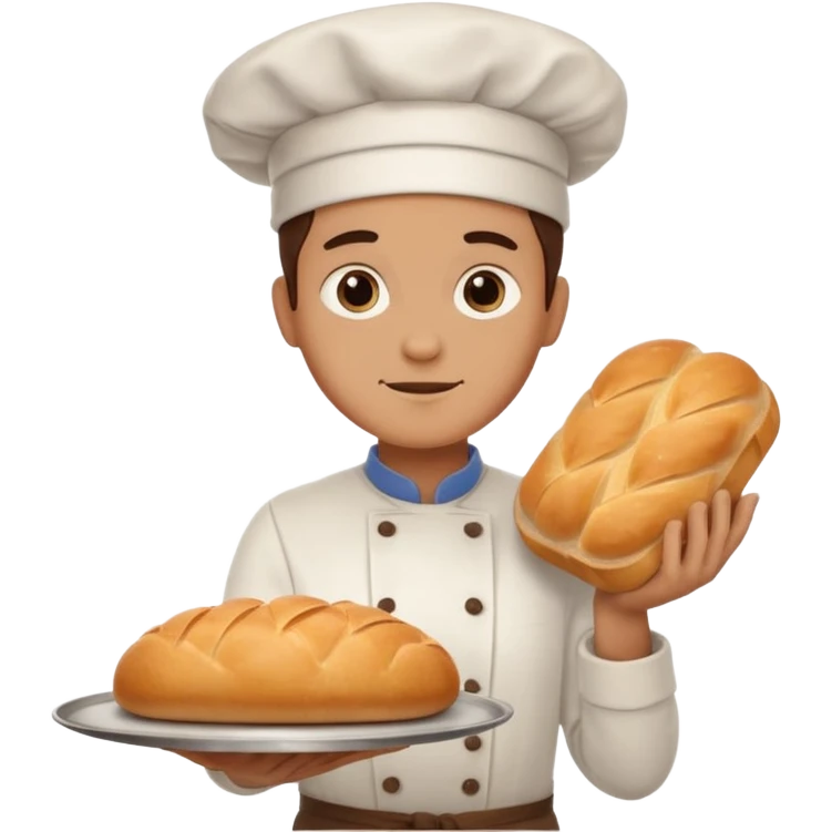 baker holding tray with big bread emoji