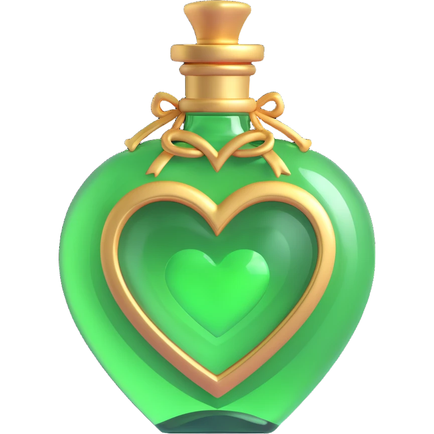 magical heart-shaped bottle, main color #c0ff53 green, with golden details and ornaments, very decorative, 3D effect, stylish and luxurious emoji