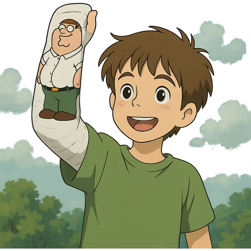 romanian boy with light skin and medium brown hair, holding up his arm in a cast, with a cartoon drawing of Peter Griffin on the cast emoji