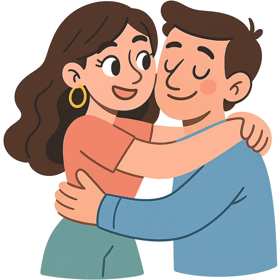 a beautiful brunette woman hugging a guy, soft pastel illustration, gentle and loving mood, no background emoji