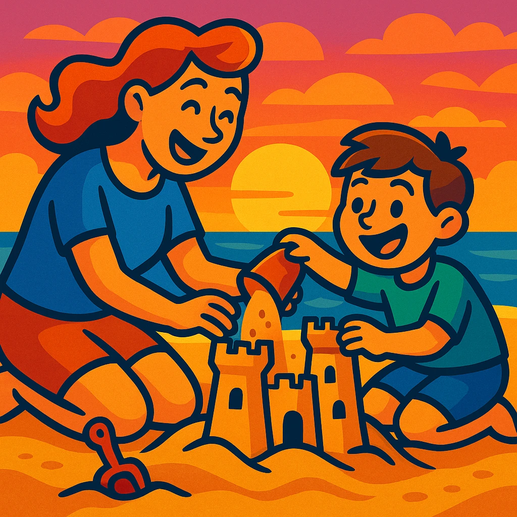 Cartoonish mother and son building a sandcastle together at sunset, playful and joyful emoji