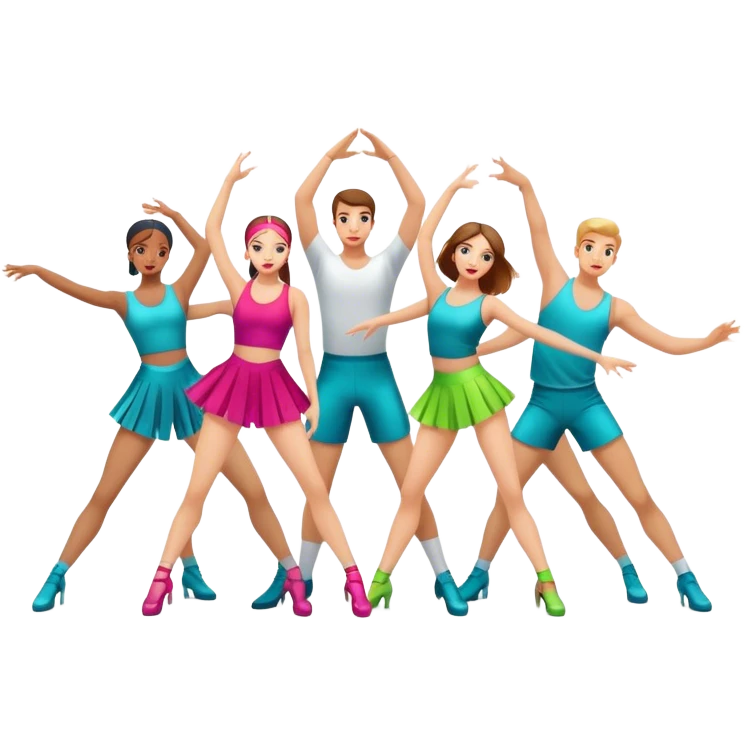 Icon for Contemporary Dance: a synchronized guys and girls group performance on stage with backup dancers in bright, modern outfits and dynamic lighting. The icon should capture the energy and coordination of a dance routine, with a focus on movement and stage presence. Transparent background. emoji