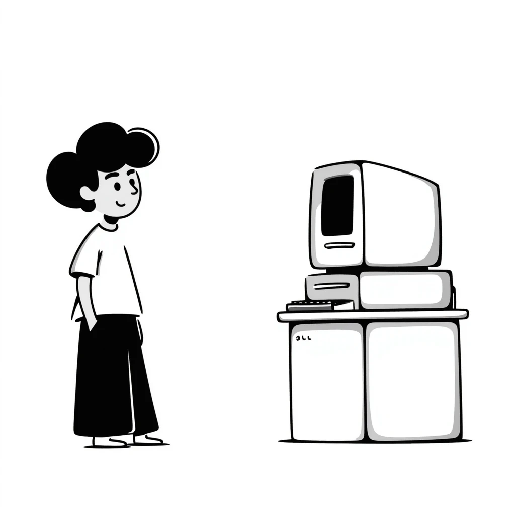 A young guy with a confused expression staring at a vintage desktop computer with bulky CRT monitor and old tower emoji