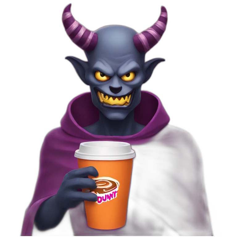 a demon holding a dunkin donuts coffee cup emoji