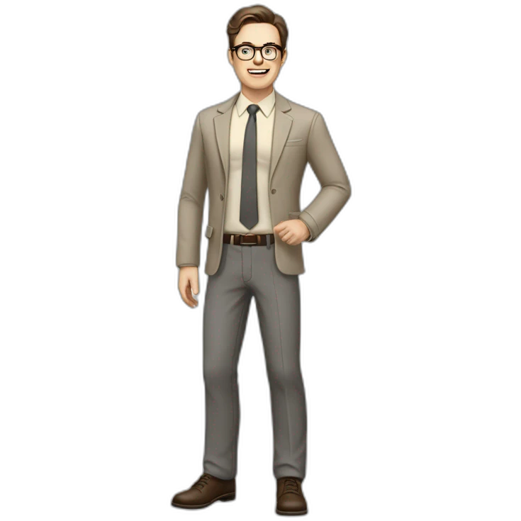 Full height Actively Gesturing Pale skinned fit man with dark brown hair in gray jacket, beige office shirt, brown tie, brown pants and vintage glasses. emoji