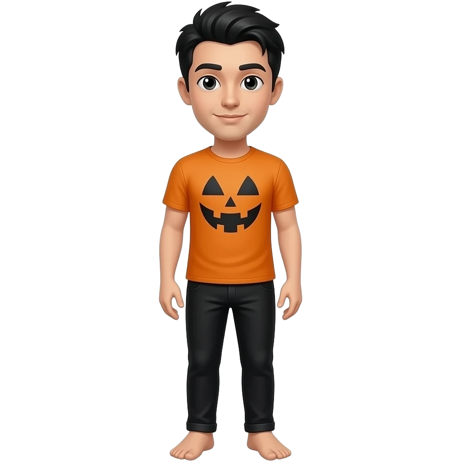 una persona con camisea de hallowen i los pantalones negros i que el pelo sea de color negro i que se le vea la cara i las piernas i pies emoji