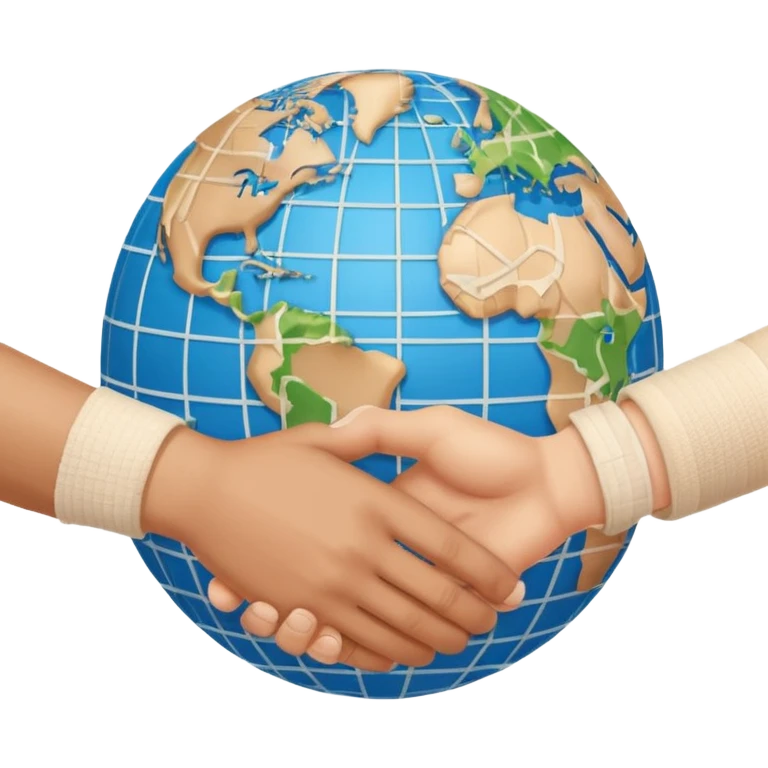 instead of two hands holding a globe, we have two hands handshaking in front of a globe. And in the background, we can see that the globe has a bandage or something.  emoji