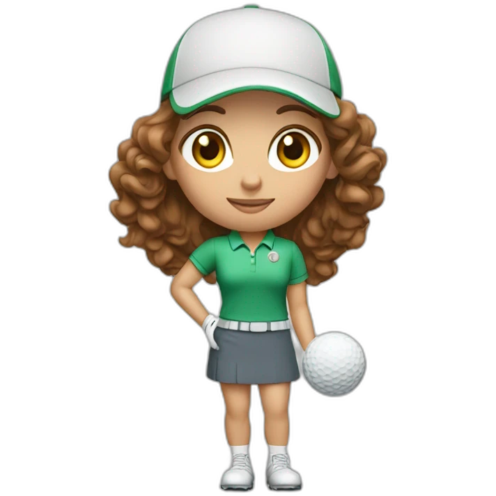 female with brown wavy hair dressed in golfwear holding golf ball emoji