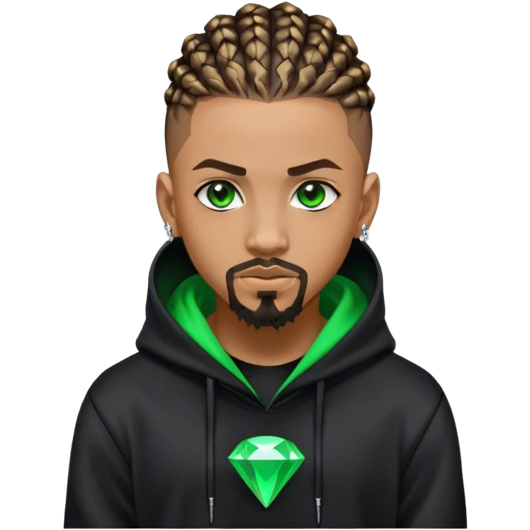 Light skinned African American male with green eyes as a cyberpunk hacker with cornrows hairstyle but short cornrows  with goatee facial hair with small diamond stud with black hoodie  emoji