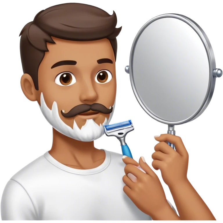 a man standing in front of a mirror, holding a razor, about to shave his beard. his face shows focus and precision, with shaving cream applied along his jawline. the setting is a clean, modern bathroom with good lighting emoji