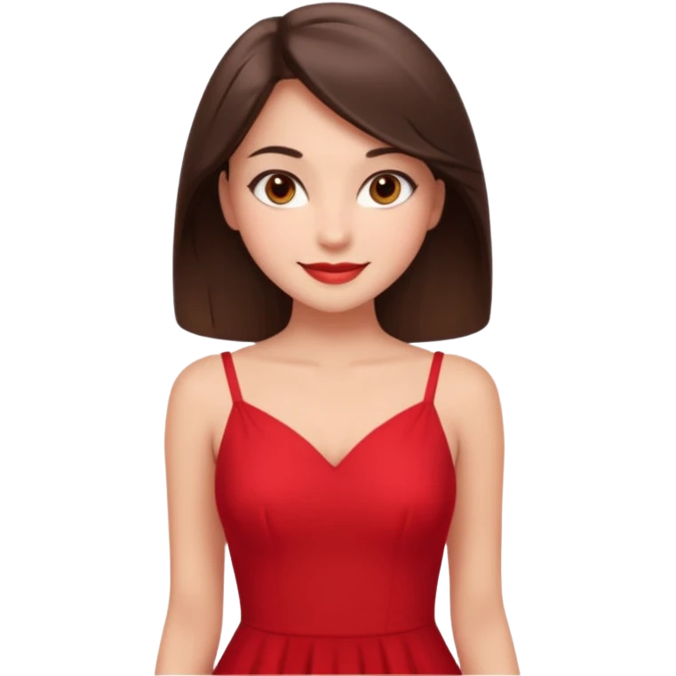 Cartoon emoji of a young brunette woman with fair-medium skin, brown eyes, wearing a red outfit. Full-height, standing confidently in a red dress  posing sexy with a smile and relaxed posture. Smooth, friendly, stylized, make up on, flirty eyes and smile in a sexy position  emoji
