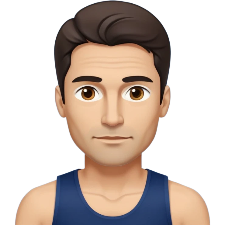 Youthful-looking athletic 40-year-old man with light brown skin, elongated face, defined jawline, attractive features, medium dark eyes, arched eyebrows, straight nose, confident expression, medium wavy dark hair with modern style, wearing a navy blue tank top emoji