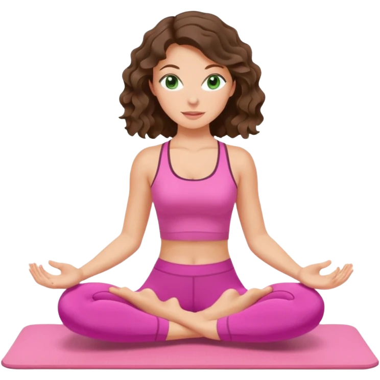 White, green-eyed, brunette cute feminine lady emoji with wavy hair doing pilates wearing pink pilates fit emoji