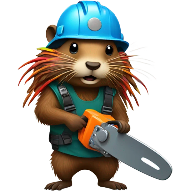 Beaver with dreadlocks in climbing gear with a chainsaw  emoji