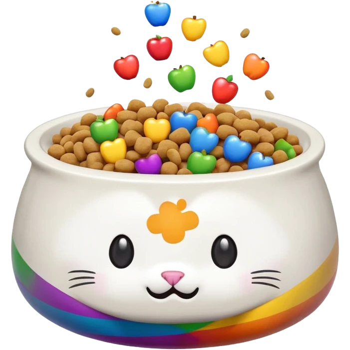cute overflowing cat food bowl with food mound on top, white kibble mixed with rainbow pieces, apple emoji style emoji