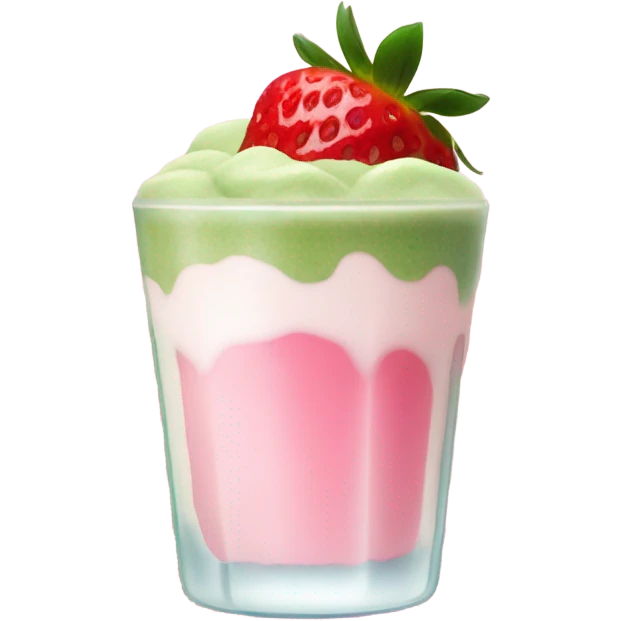Matcha with ice and milk with strawberry on top and pink boba on the bottom emoji