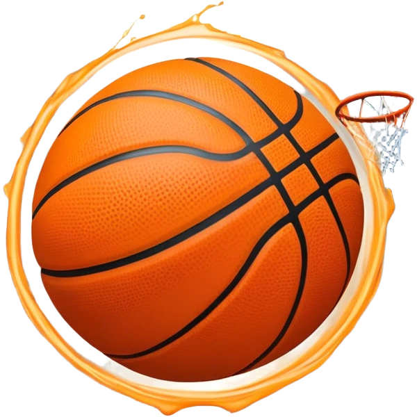 Cinematic Realistic image of a basketball captured in dynamic motion, with detailed surface textures and a slight motion blur, set against a vibrant urban backdrop with energetic lighting emoji