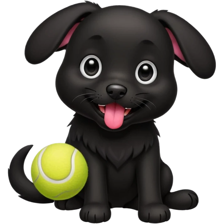 Cute emoji-style illustration of a happy black dog playing with a tennis ball, shiny black fur, joyful expression with tongue out, big expressive eyes, playful pose, vibrant colors, smooth clean lines, high resolution, sticker-style, transparent background emoji