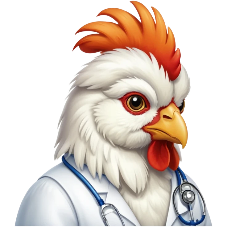 A White Silkie Bantam rooster has very fluffy plumage on its head and is wearing a doctor's stethoscope.  emoji
