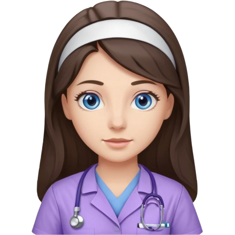 pretty brunette nurse with long hair and blue eyes in lilac scrubs emoji