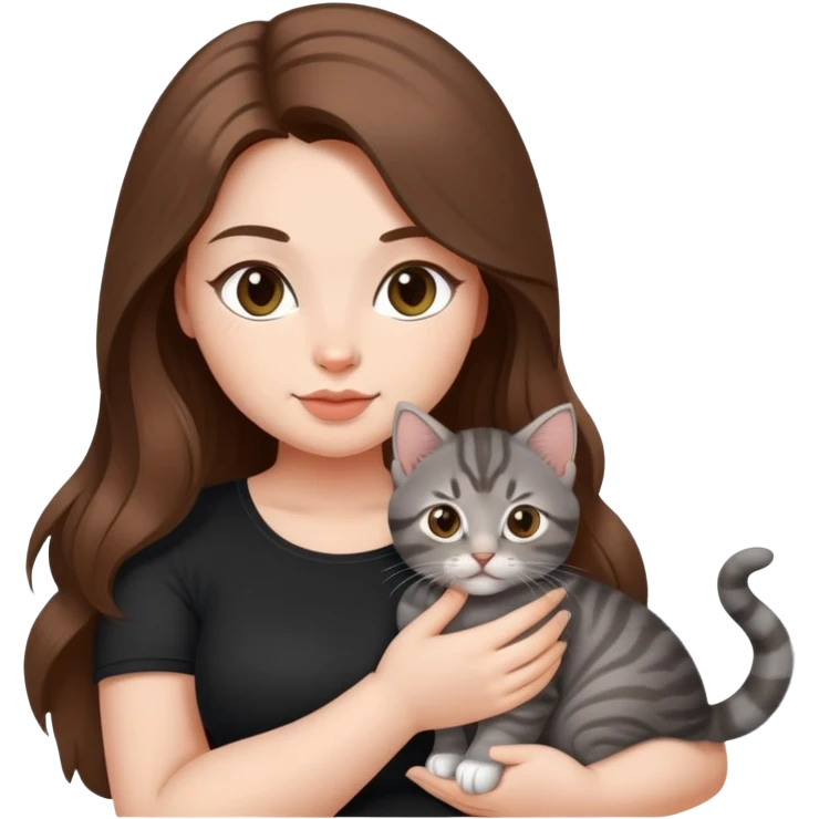 Hot curvy woman, long hair, with super cute kitten, she is white with brown hair, black top, the cat is a grey tabby emoji