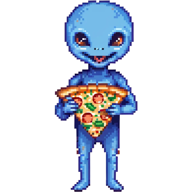 A cute blue alien happily munching on a slice of pizza emoji