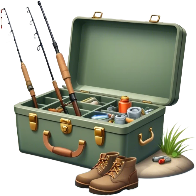 Icon for Fishing: a boat on the shore of a peaceful water body with a beautiful natural landscape, a fishing tackle box, a spinning rod, and boots nearby. The icon should capture the tranquility and gear of a fishing adventure. Without frame. Transparent background. emoji