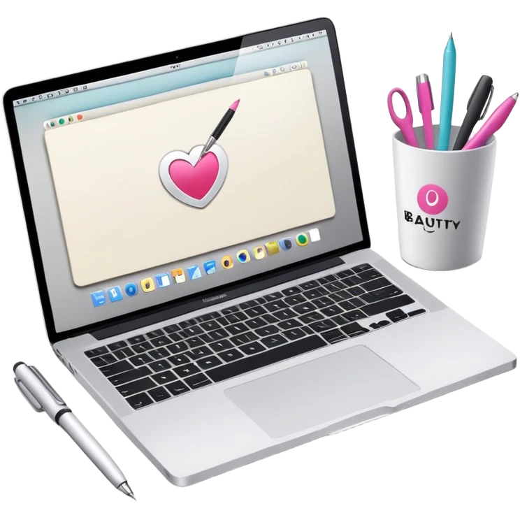top view of a MacBook and a notebook with a pen nearby, notebook with visible notes, MacBook screen showing a beauty salon logo emoji