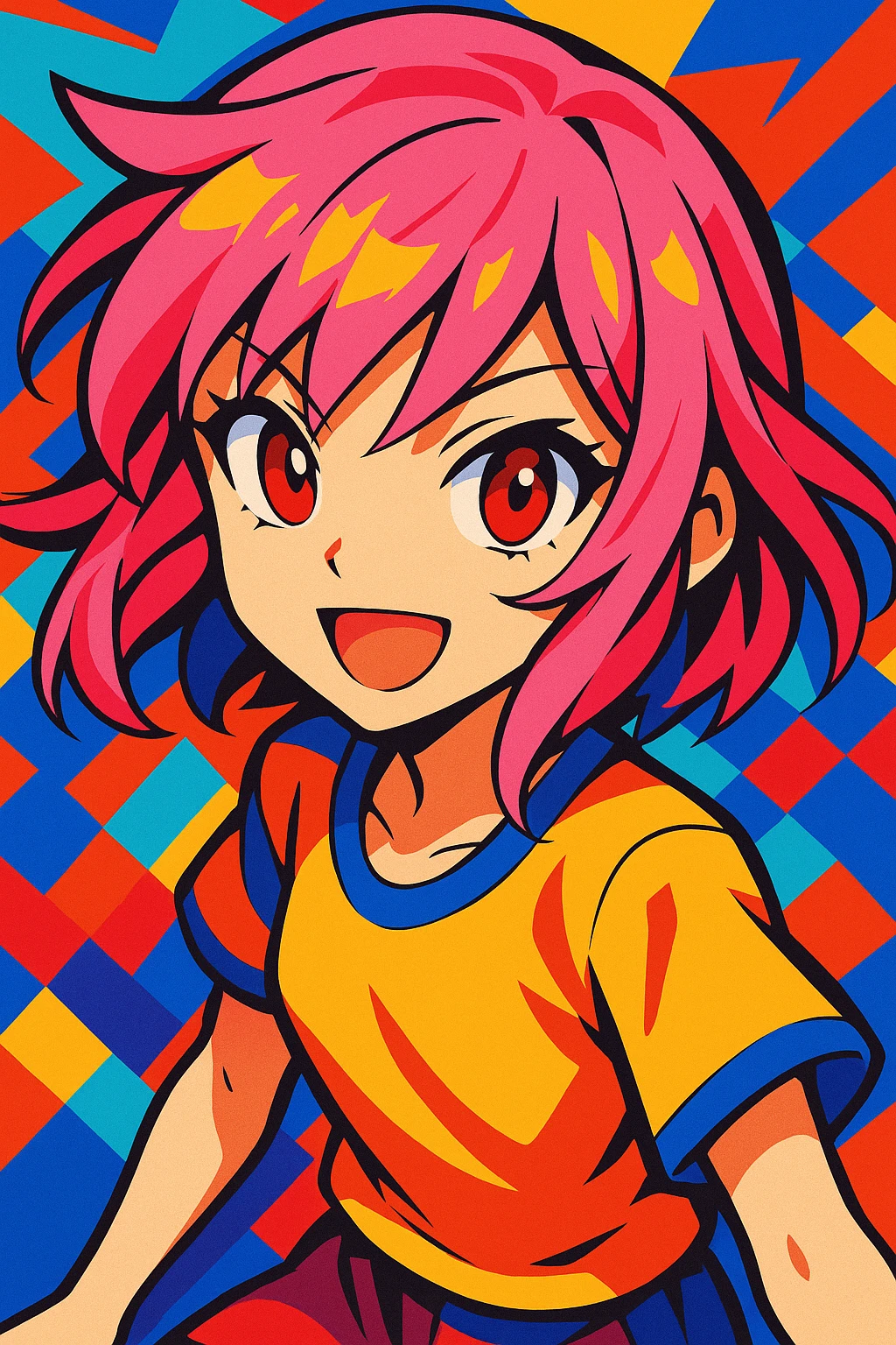 pink haired girl with red eyes, vibrant anime style, dynamic and colorful emoji