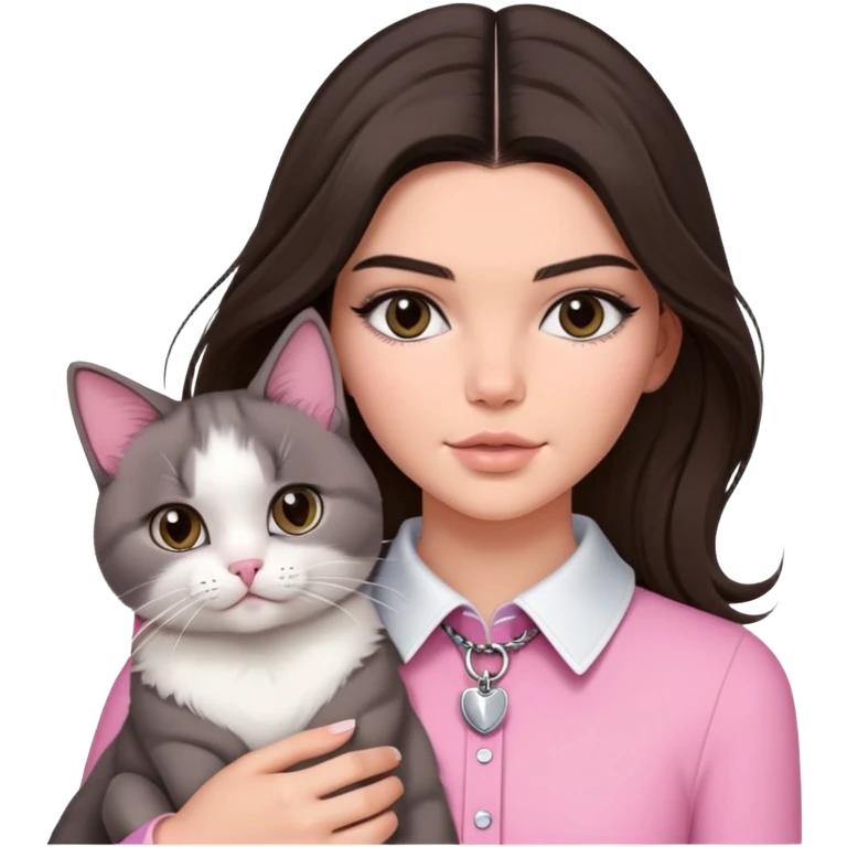 brunette Kendall Jenner with long hair holding on the hands a grey white cat  in pink collar emoji